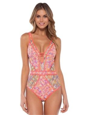 NWOT💝BECCA Virtue Reveal Crochet Plunge One-Piece Coral Crush Size M
